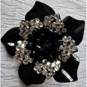 Vintage Black Enamel Flower Brooch Rhinestone Floral Statement Pin Costume Jewel